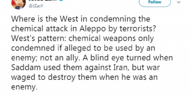 Zarif, Halep’teki kimyasal saldırıya sessiz kalan Batı’yı eleştirdi