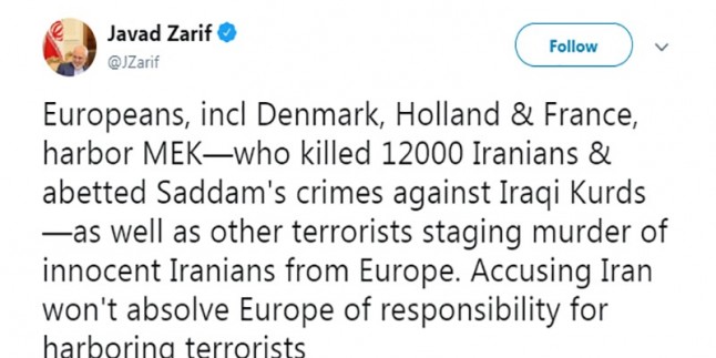 Zarif: İran’ı suçlamak teröristlere sığınma veren Avrupa’yı temize çıkarmaz